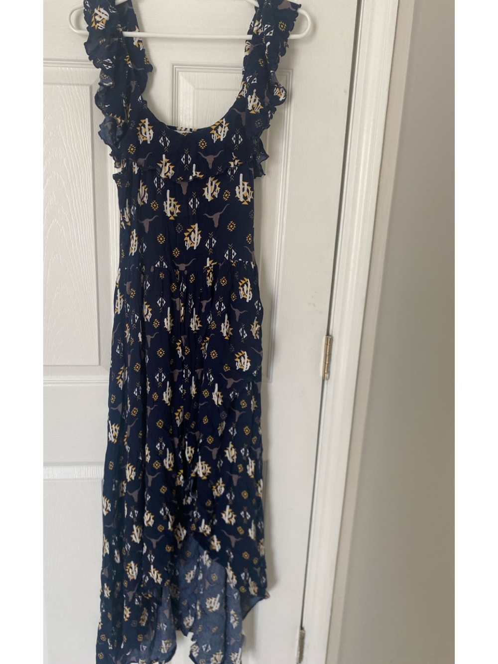 Ariat Southwestern Longhorn Ruffle Hi-Low Maxi Dress Navy Blue Size 2